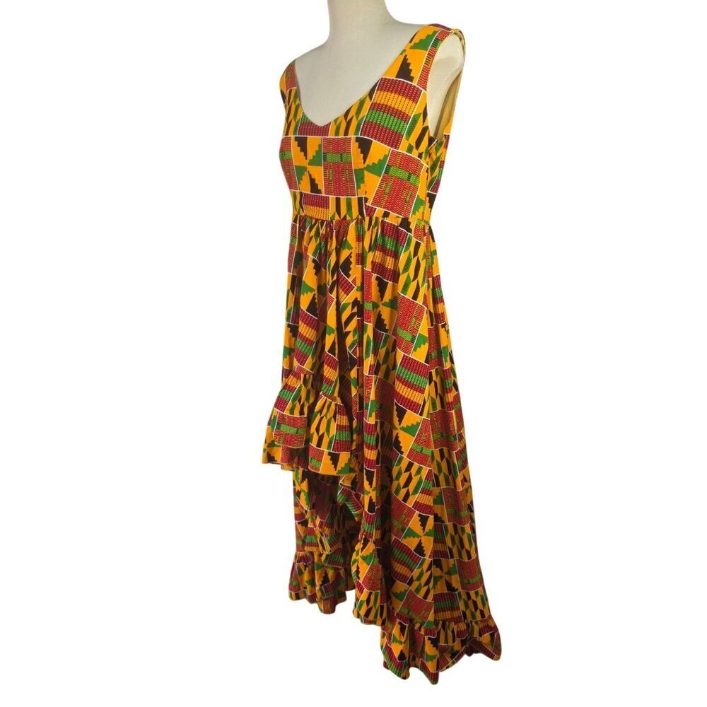 W ABG Wax African Wax Print Maxi Dress Open Back Tiered Cotton Oversize Tall Fit